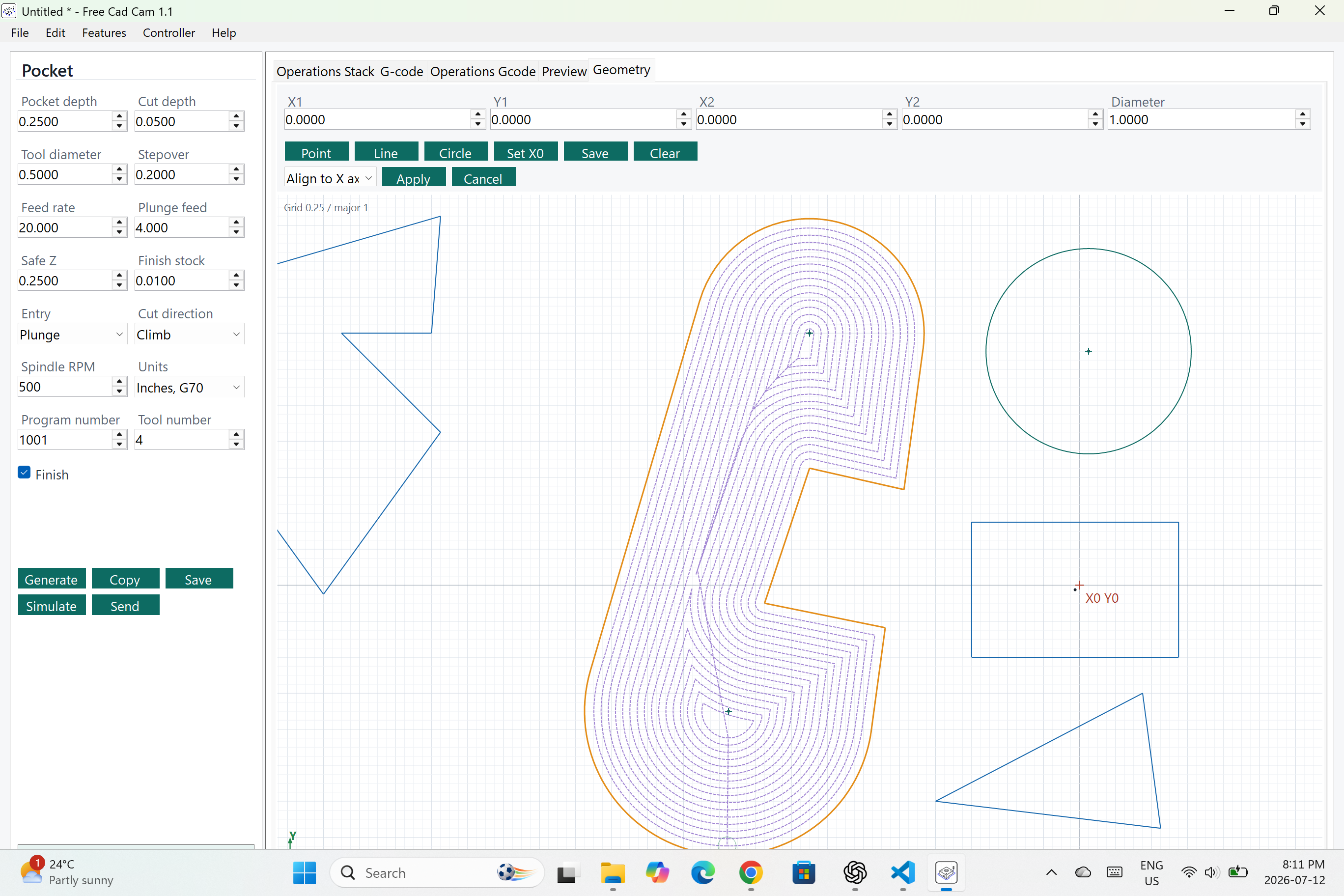 Free CAD CAM pocketing toolpath preview